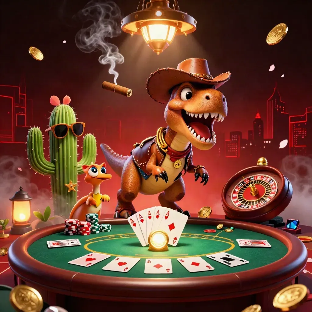 Cowboy T-Rex, cactus, and roadrunner amid casino tables, chips, roulette, smoke, and glowing gold light.