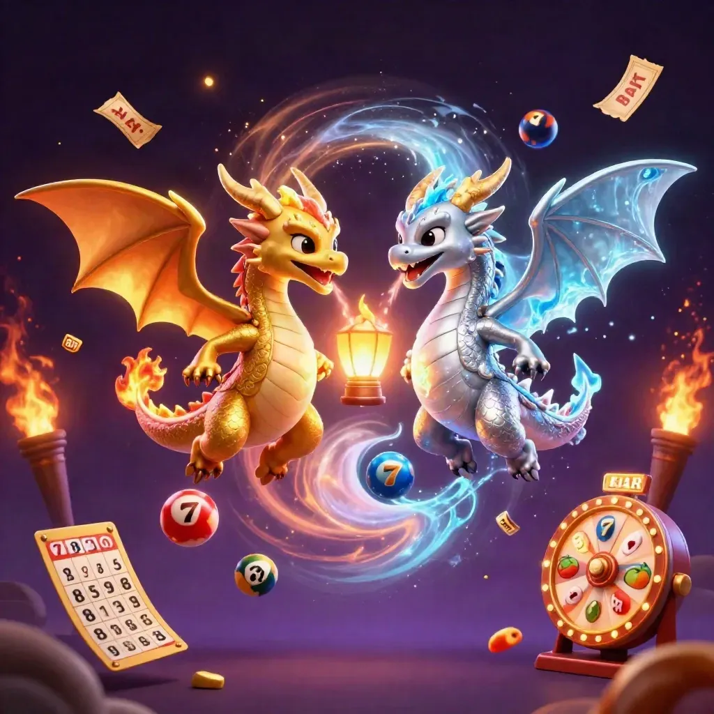 Twin gold and silver dragons form a fire-ice yin-yang with casino icons in a neon starfield.