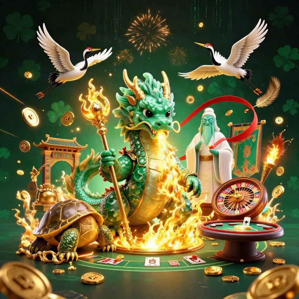 Jade dragon, turtle sage, cranes, casino treasure, spinning roulette, cards, and gold coins exploding in light