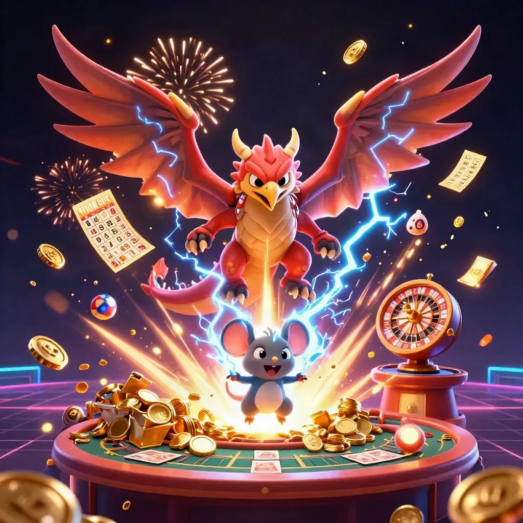 Thunder dragon, wind hawk, and static mouse amid coins, wheels, cards, and fireworks.