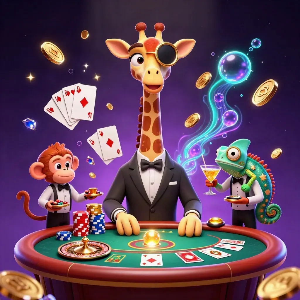 Giraffe, monkey, and chameleon casino crew amid coins, cards, and neon glow