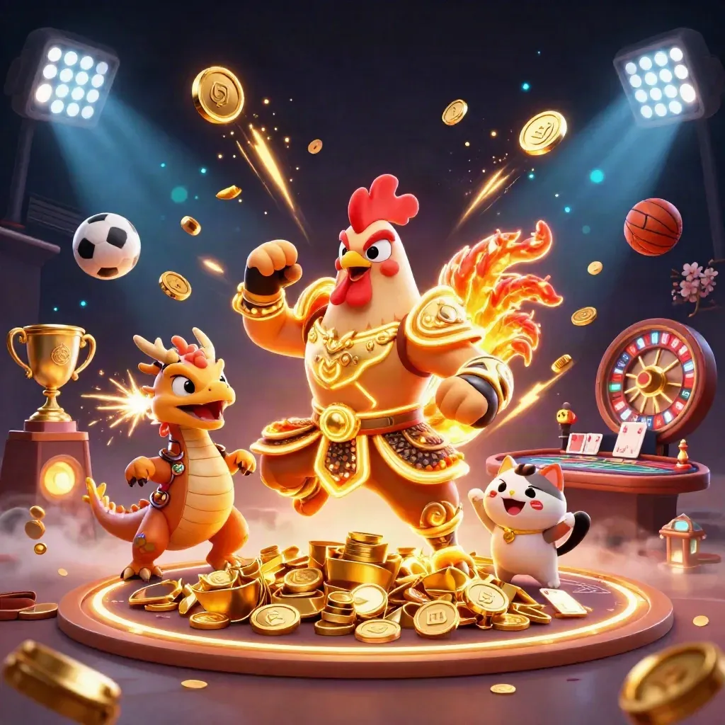 Rooster warrior, dragon hatchling, and fortune-cat amid exploding coins, fireworks, and casino prizes