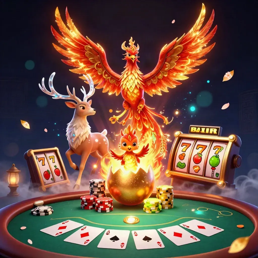 Crimson phoenix, baby phoenix, and crystal stag in a luxe casino fantasy with cards, chips, and reels.