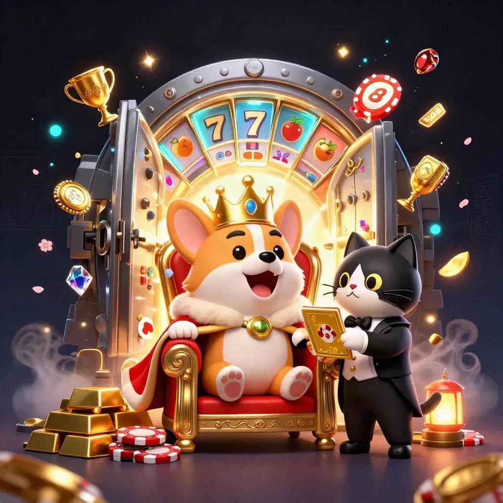 Royal corgi and cat butler amid vault gold, chips, reels, and neon casino sparks.